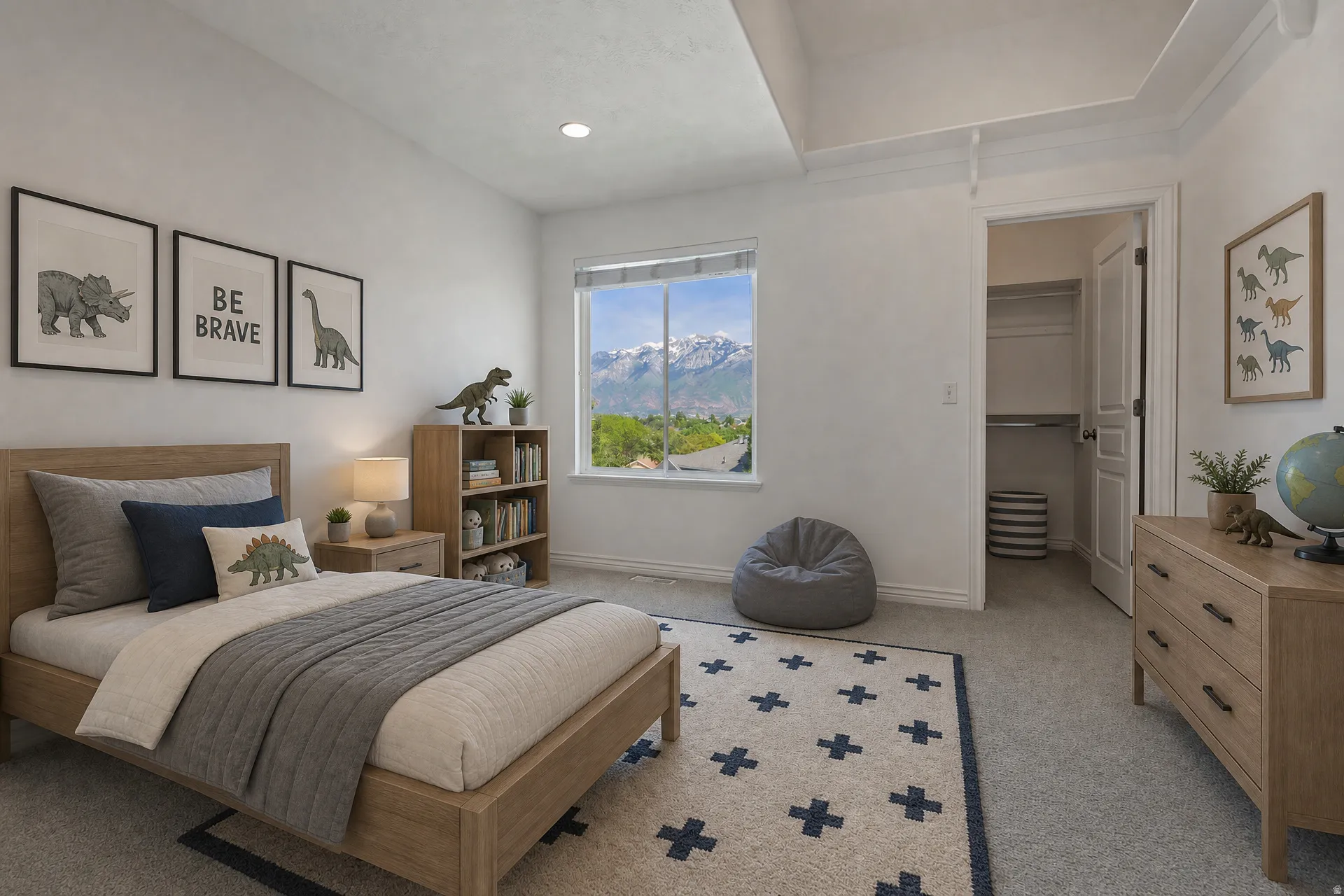 Bedroom featuring a window with mountain scenery, tray ceiling, recessed lighting, carpet flooring, and a walk-in closet with built-in shelving