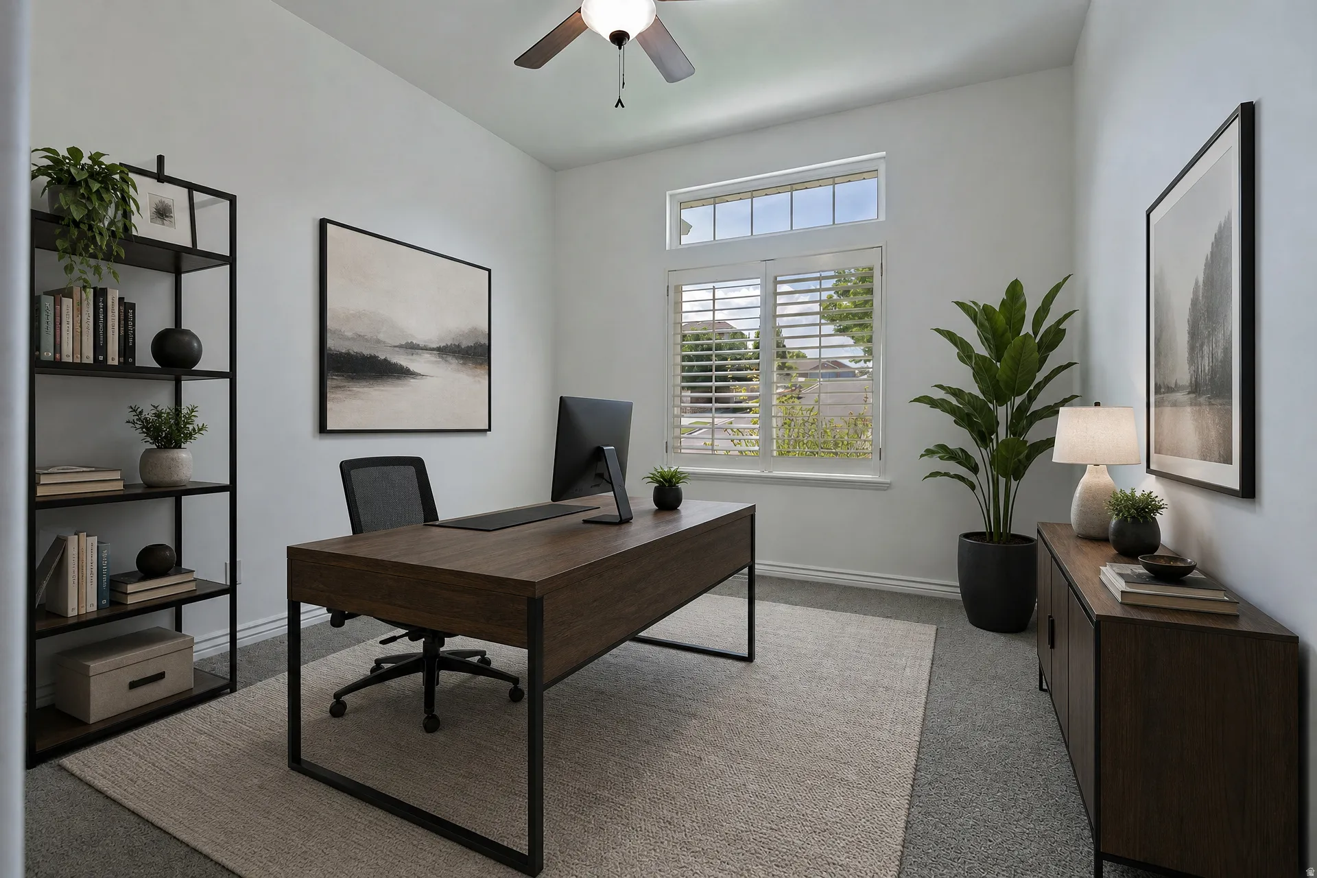 Interior room featuring a window with plantation shutters, a transom window, and a ceiling fan