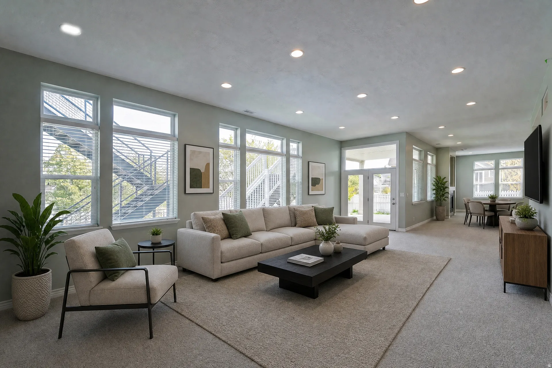 Bright living space featuring recessed lighting, a wall of multi-pane windows, and light-colored carpet flooring