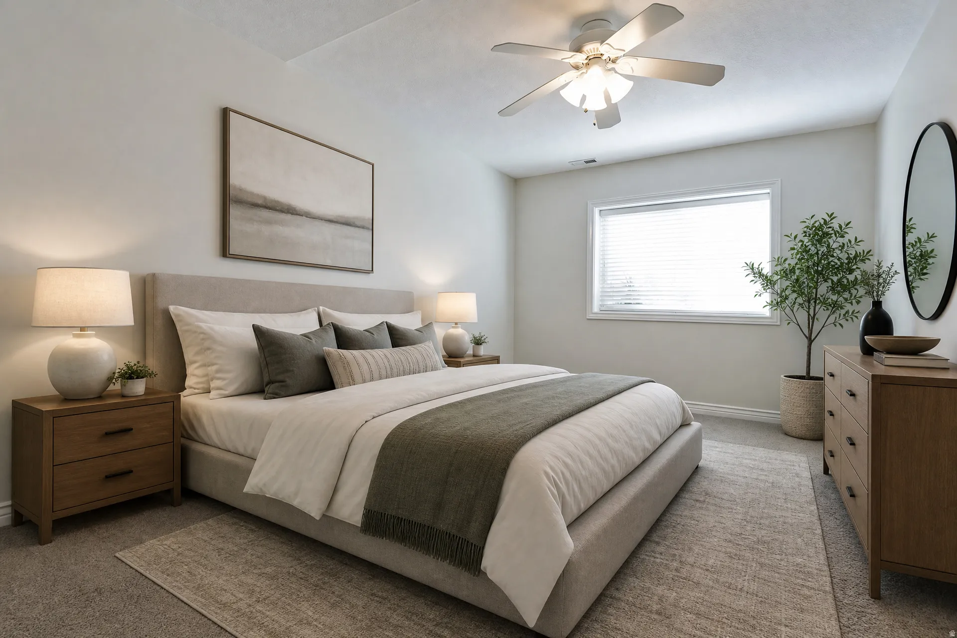 Carpeted bedroom featuring neutral wall tones, a ceiling fan with integrated lighting, a recessed window with blinds, and a built-in closet