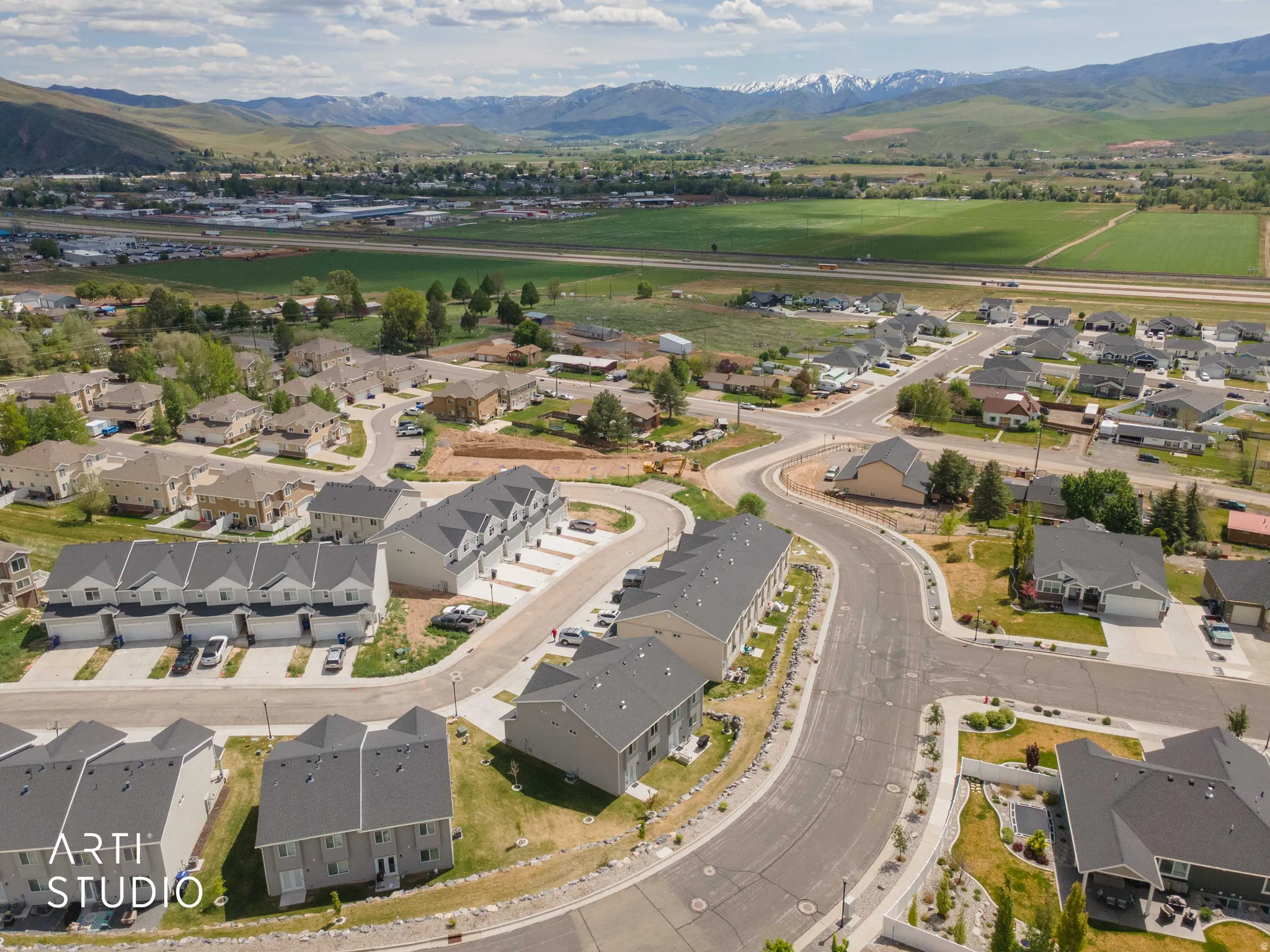 Residential community featuring single-family homes and townhomes with gray roofs