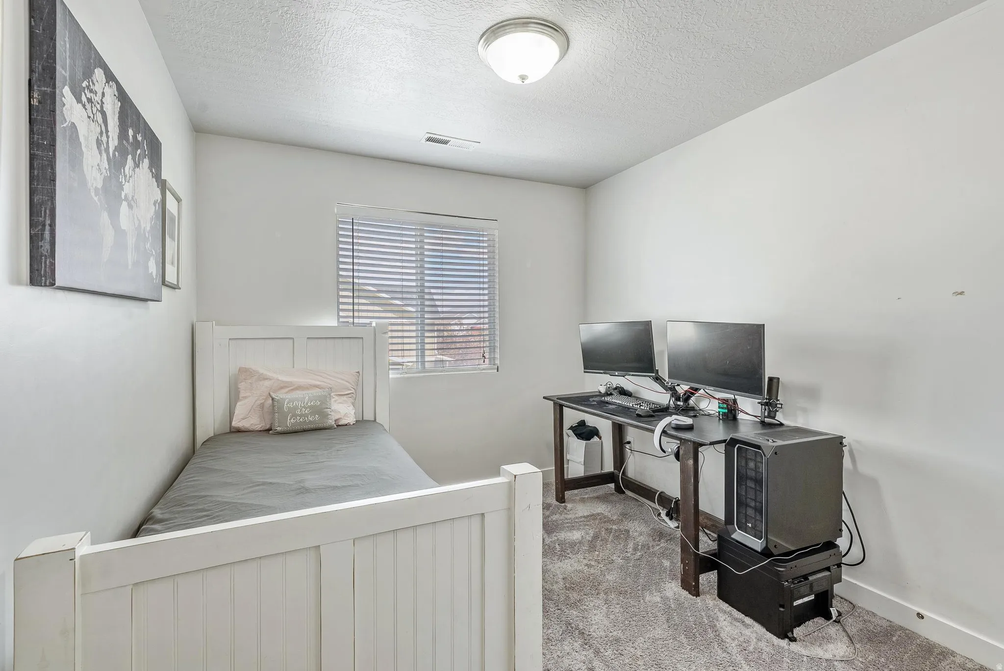 Carpeted room featuring a window with horizontal blinds, a ceiling-mounted light fixture, and white wall finishes