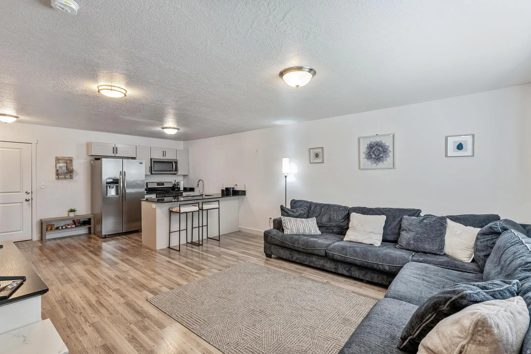 Open-concept living space featuring wood-finish flooring, recessed lighting, and a kitchen area with stainless steel appliances