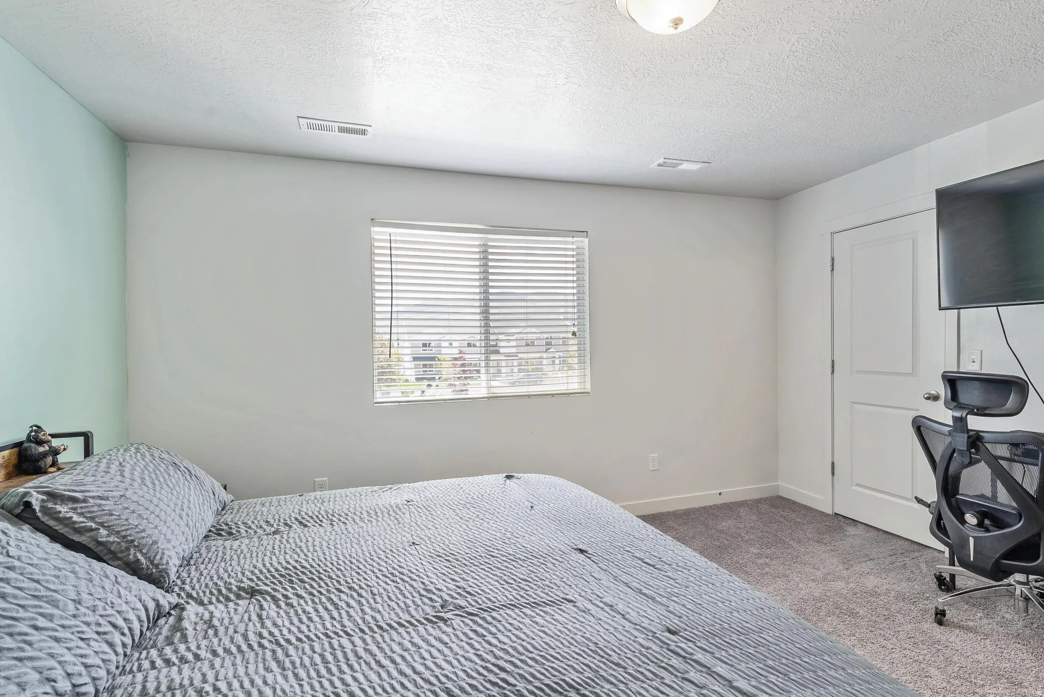 Carpeted room featuring a single window with blinds, a two-panel interior door, and a light-colored accent wall