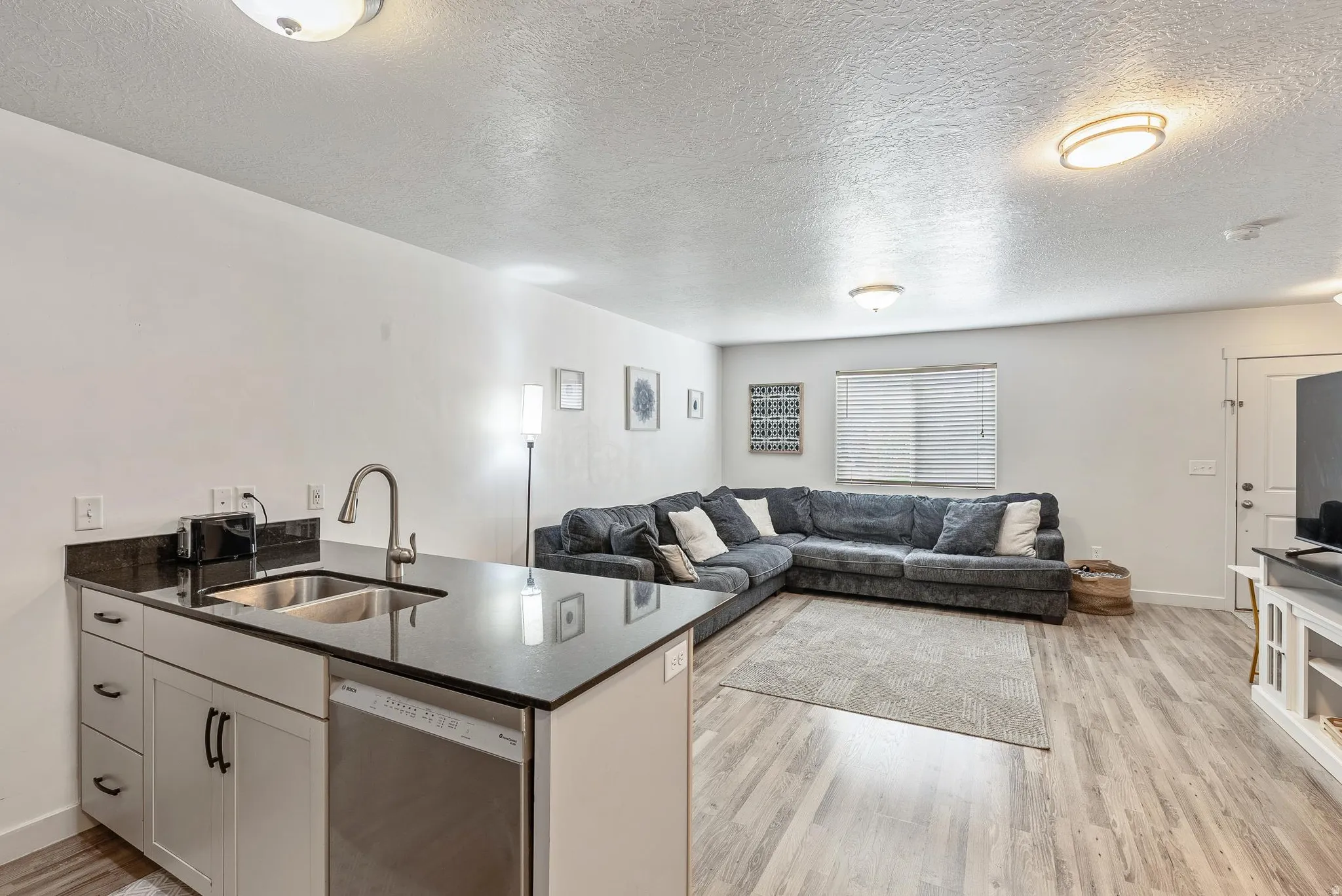 Open concept living area featuring wood-finish flooring, a kitchen island with an undermount double-basin sink, stainless steel dishwasher, and dark countertops