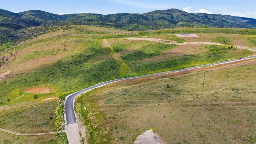 Expansive land parcel featuring a winding paved road, established vegetation, and distant mountainous terrain