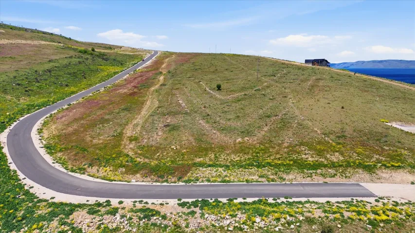Expansive hillside property featuring a paved road, natural landscaping with green and colorful vegetation, and distant water scenery
