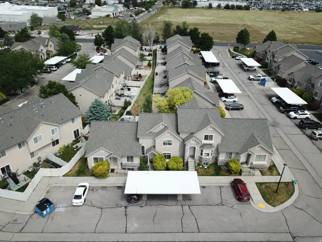 Aerial perspective showcasing a residential community with multiple housing units