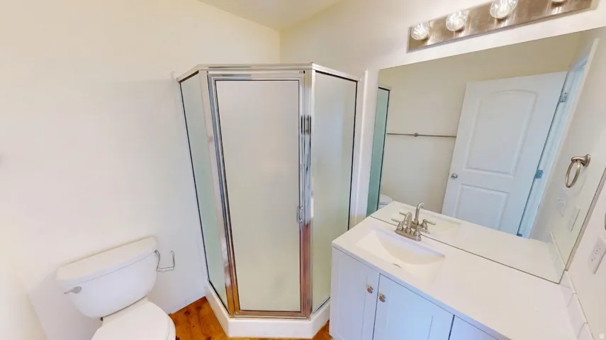 Corner shower with clear glass enclosure and chrome hardware, white vanity with integrated sink and chrome faucet, large mirror, and wood-finish flooring
