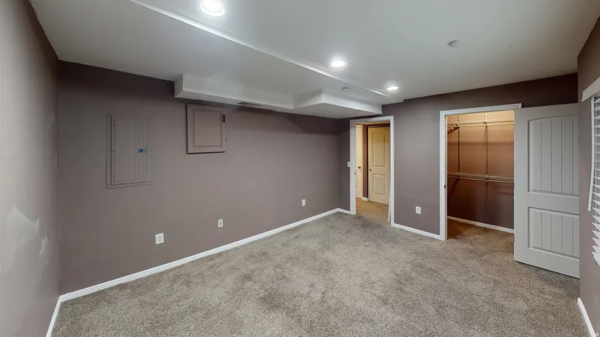 Recessed lighting, tray ceiling, carpeted flooring, built-in closet organization, and white paneled doors
