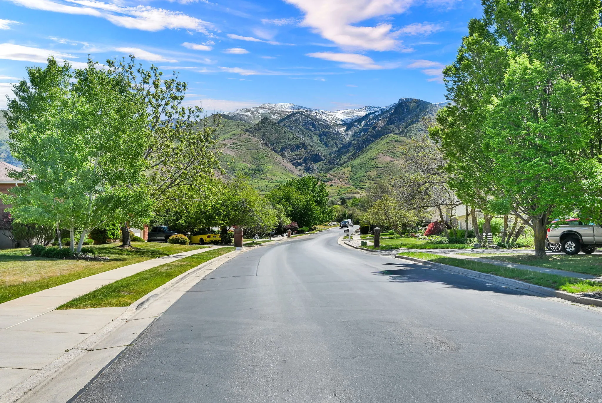 Paved roadway lined with manicured lawns and mature trees, featuring a mountain backdrop with visible snow caps