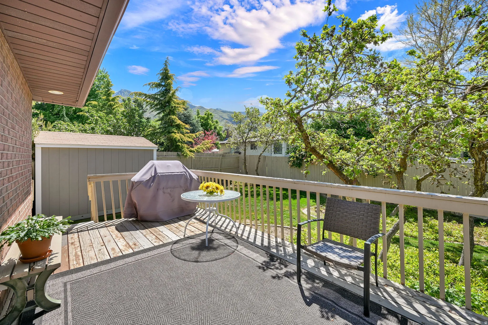 Wood deck with perimeter railing and a shaded overhang off the kitchen