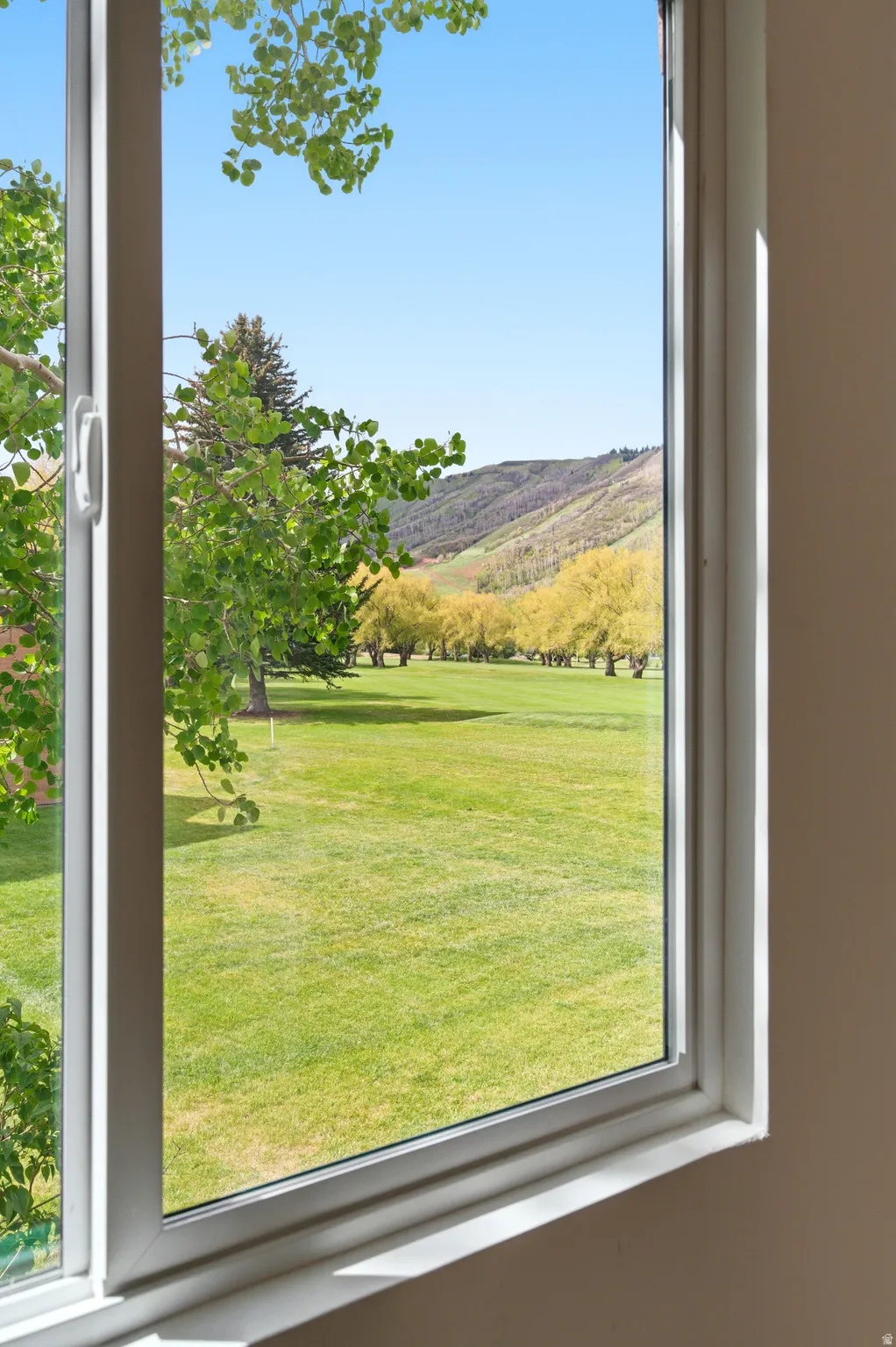 Double-pane window framing a verdant golf course and distant tree-covered mountains