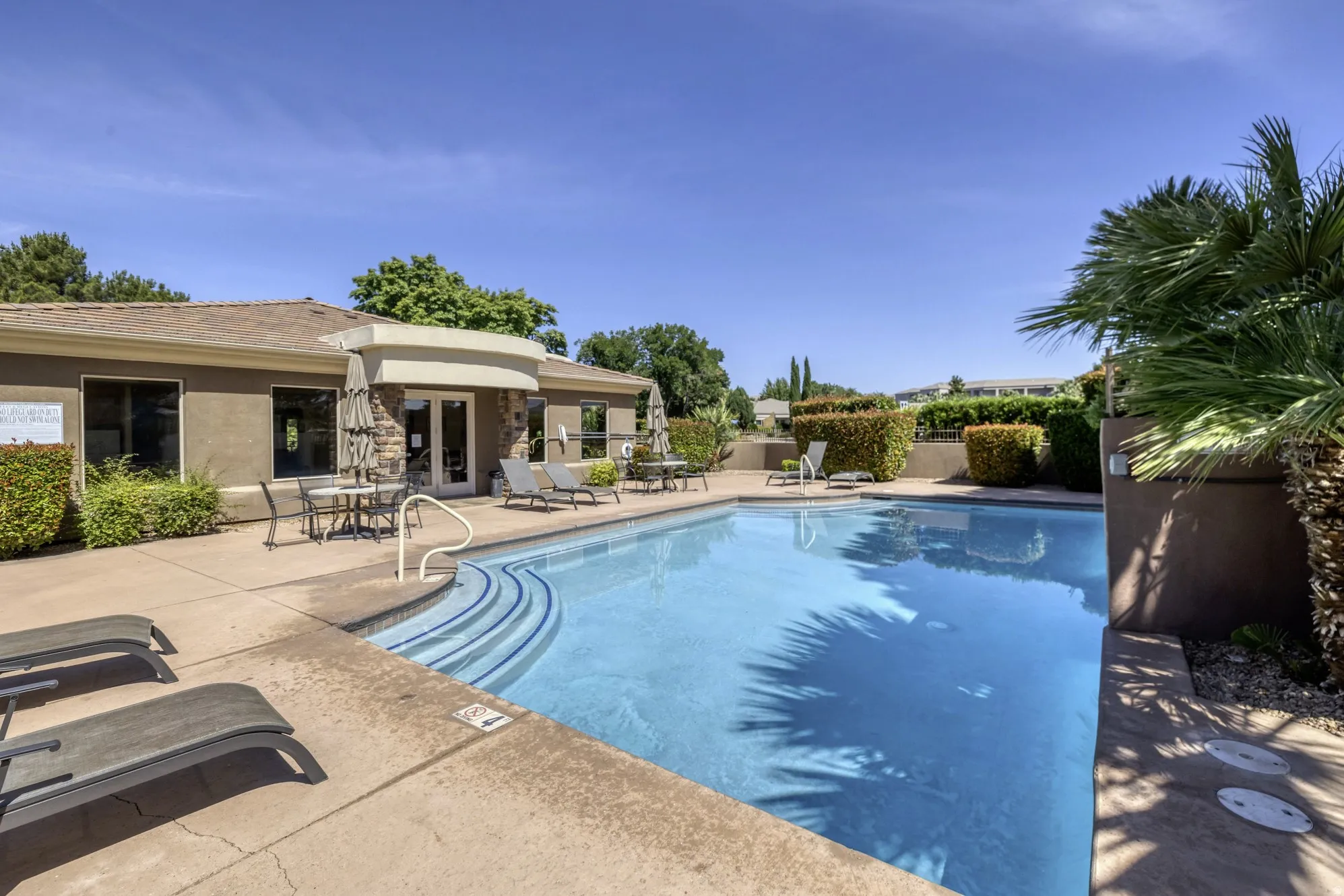 Expansive outdoor swimming pool with concrete decking, integrated steps, and surrounding mature landscaping