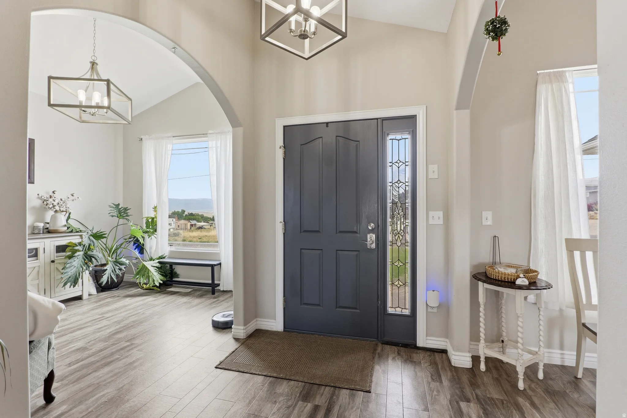 Entryway featuring a dark gray door with decorative glass sidelight, wood-finish flooring, vaulted ceilings, and an arched doorway