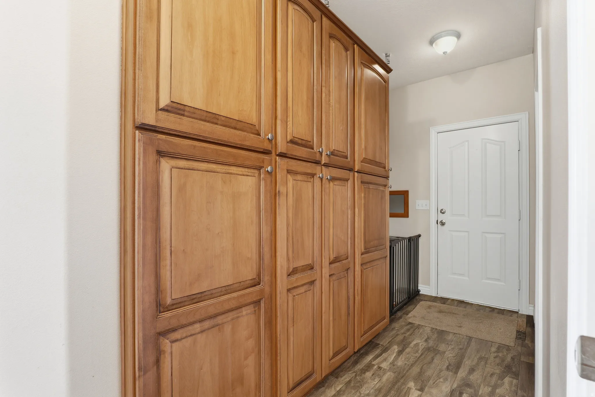 Full-height wood-finish cabinetry featuring raised panel doors and silver-tone hardware, wood-finish flooring, and a white paneled door