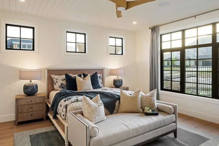 Bedroom featuring wood finished floors, multiple windows, wooden ceiling, ceiling fan, and recessed lighting