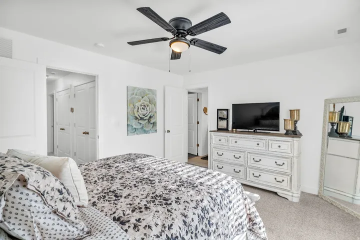 Bright interior room featuring a ceiling fan with light fixture, neutral carpeting, and white walls