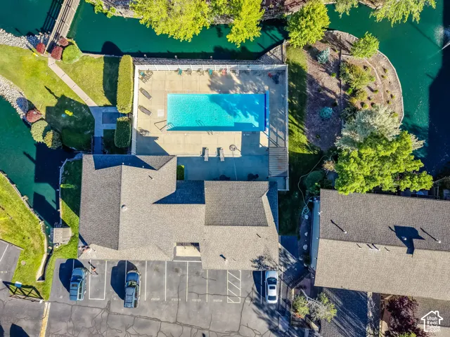 Aerial perspective showcasing pool area