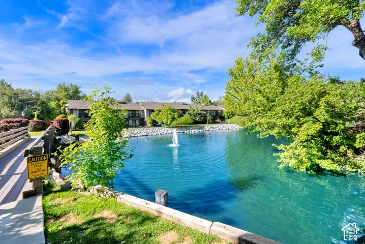 Lush landscaping surrounds a tranquil pond featuring a central fountain