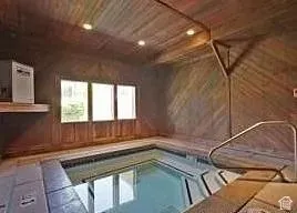 Indoor spa with wood-paneled walls and ceiling, recessed lighting, and built-in shelf