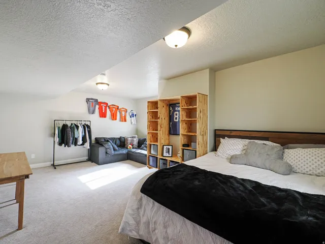 Spacious room featuring light-colored walls and plush carpet flooring