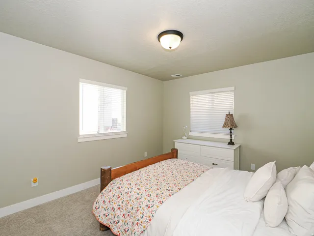 Bedroom featuring two windows with horizontal blinds, light-toned wall paint, and a ceiling-mounted light fixture