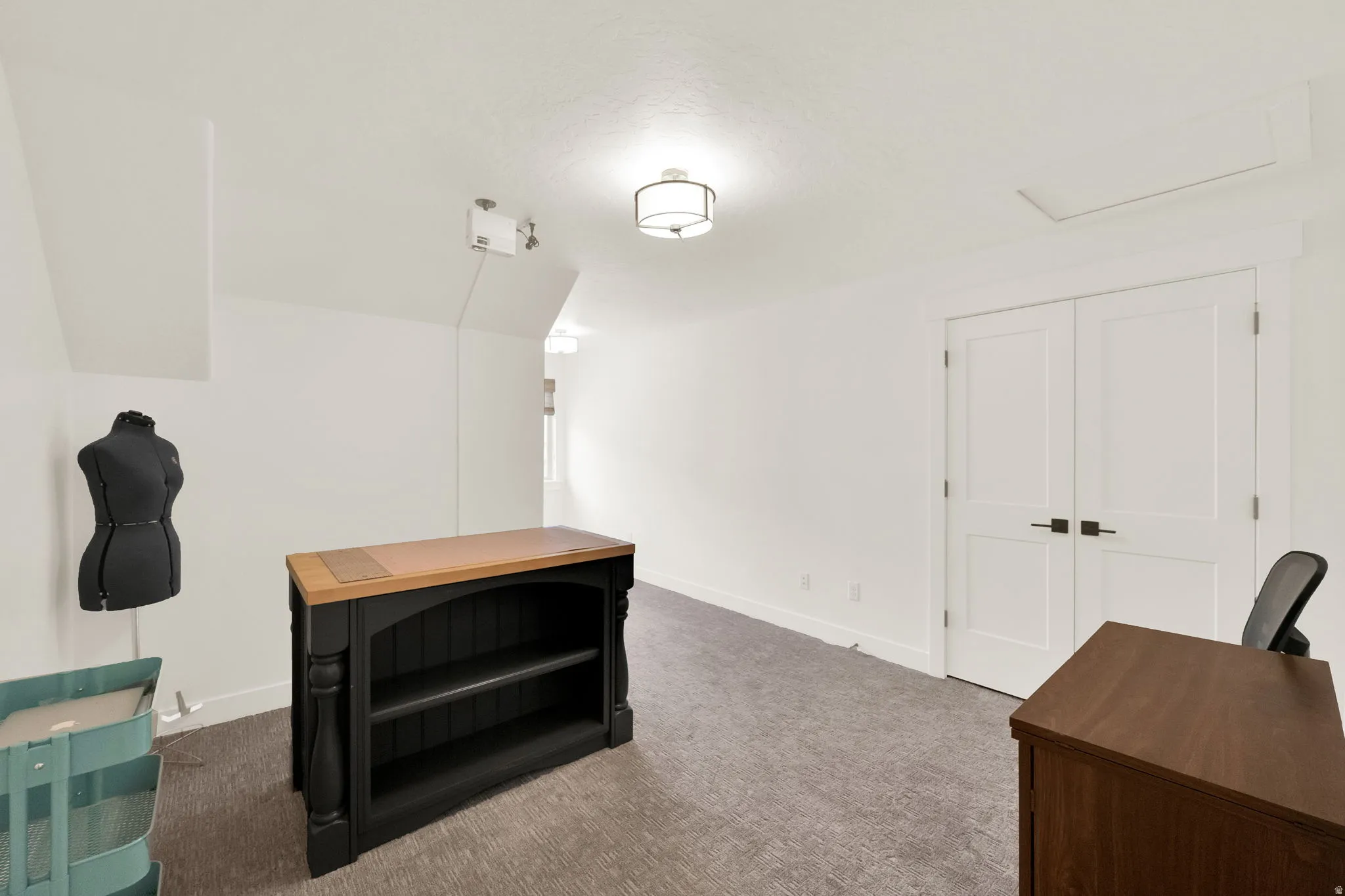 Room featuring neutral-toned carpeting, white walls, and a white flat-panel double door