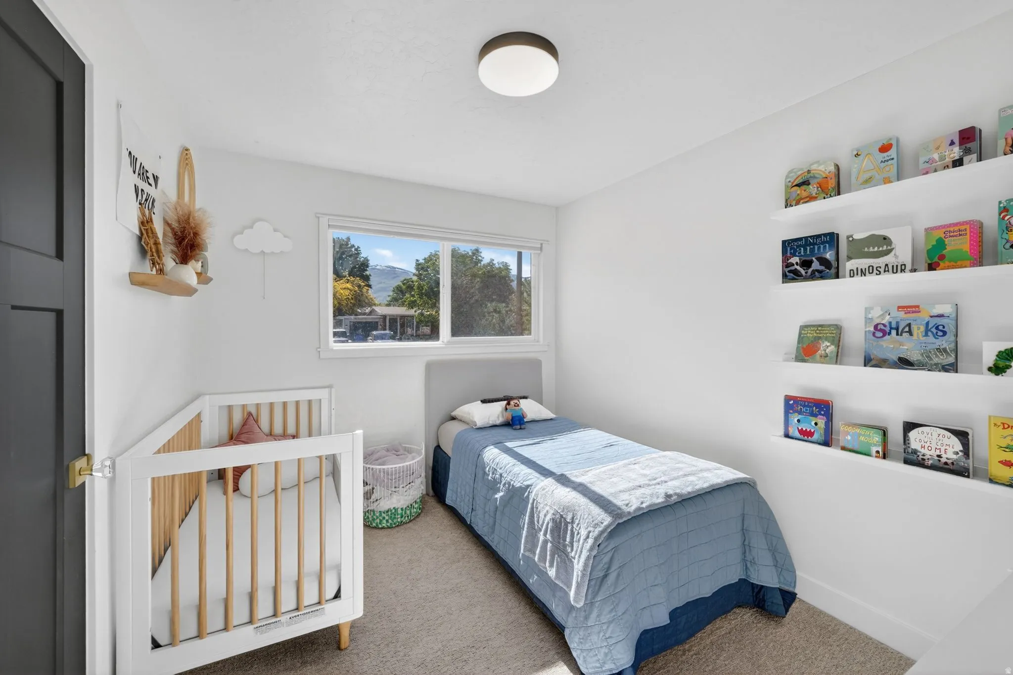 Bright room featuring a window overlooking natural scenery, recessed shelving, neutral wall paint, and carpet flooring