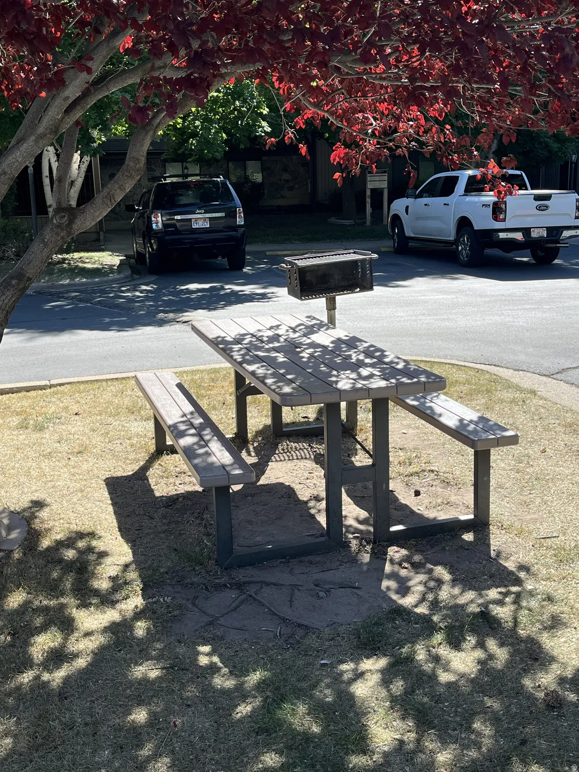 Outdoor picnic area featuring a communal picnic table with wood-finish slats and metal supports, accompanied by a built-in barbecue grill