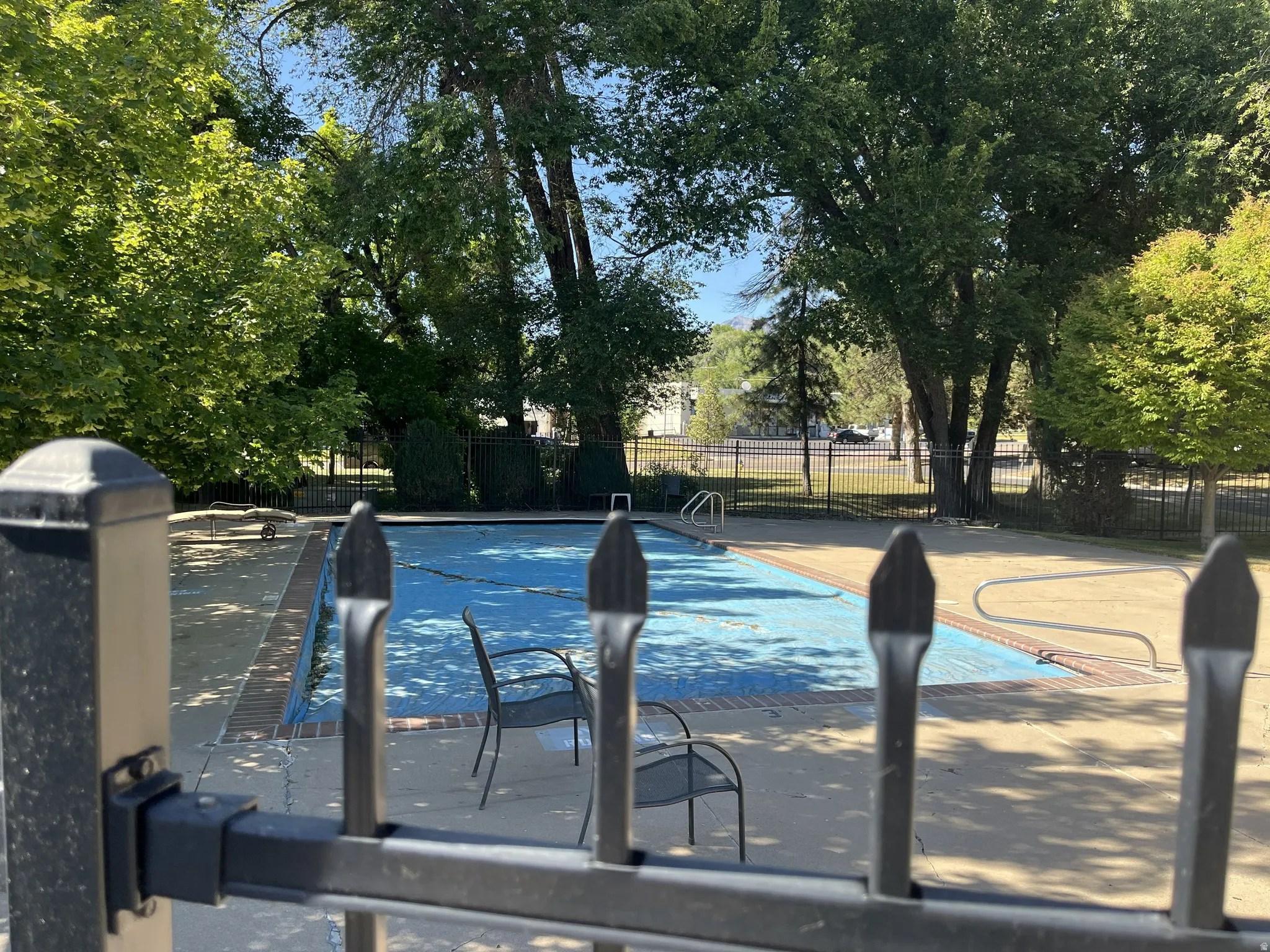 Gated swimming pool area featuring a covered pool, concrete decking, and mature surrounding trees