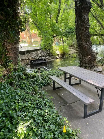 Outdoor patio area featuring a picnic table with seating, an adjacent charcoal grill, and a natural water feature