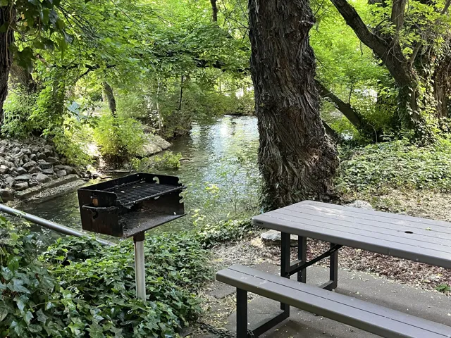 Riverside outdoor area featuring a built-in grill and picnic table