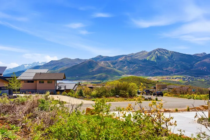 Modern residential architecture featuring a dark brown roof and light brown siding, set against a backdrop of distant mountains