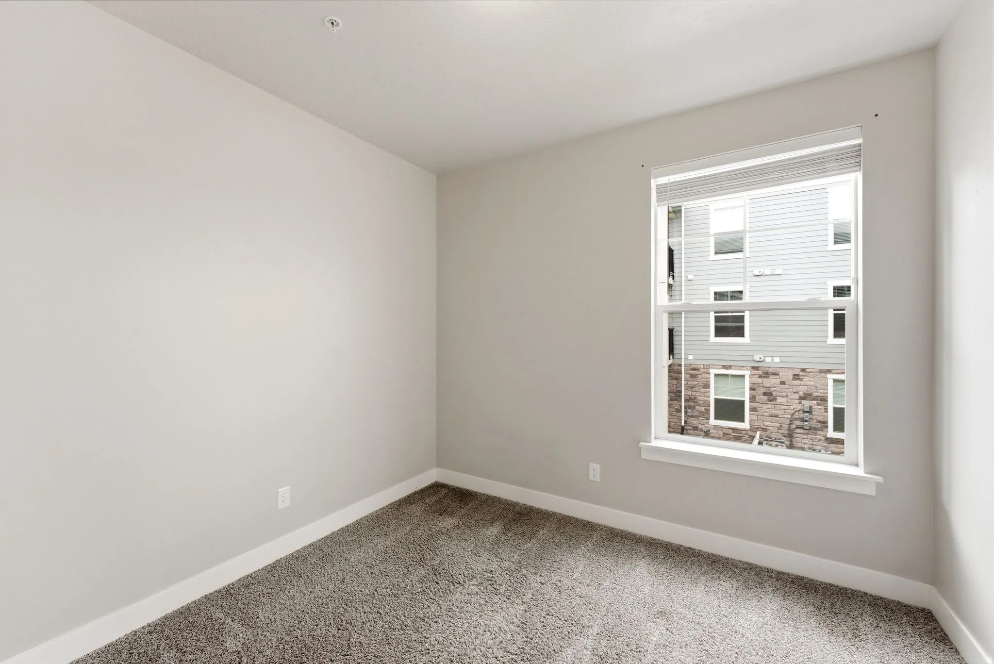 Bright room with neutral wall paint, white trim, and textured gray carpeting