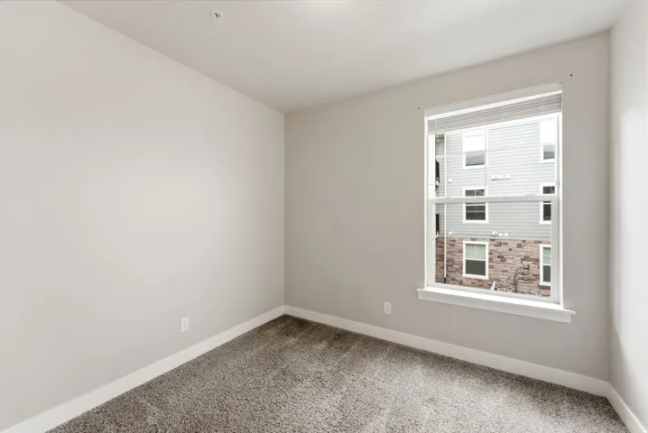 Bright room with neutral wall paint, white trim, and textured gray carpeting