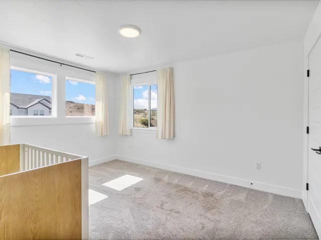 Bright interior room featuring multiple windows, a ceiling-mounted light fixture, and textured carpeting