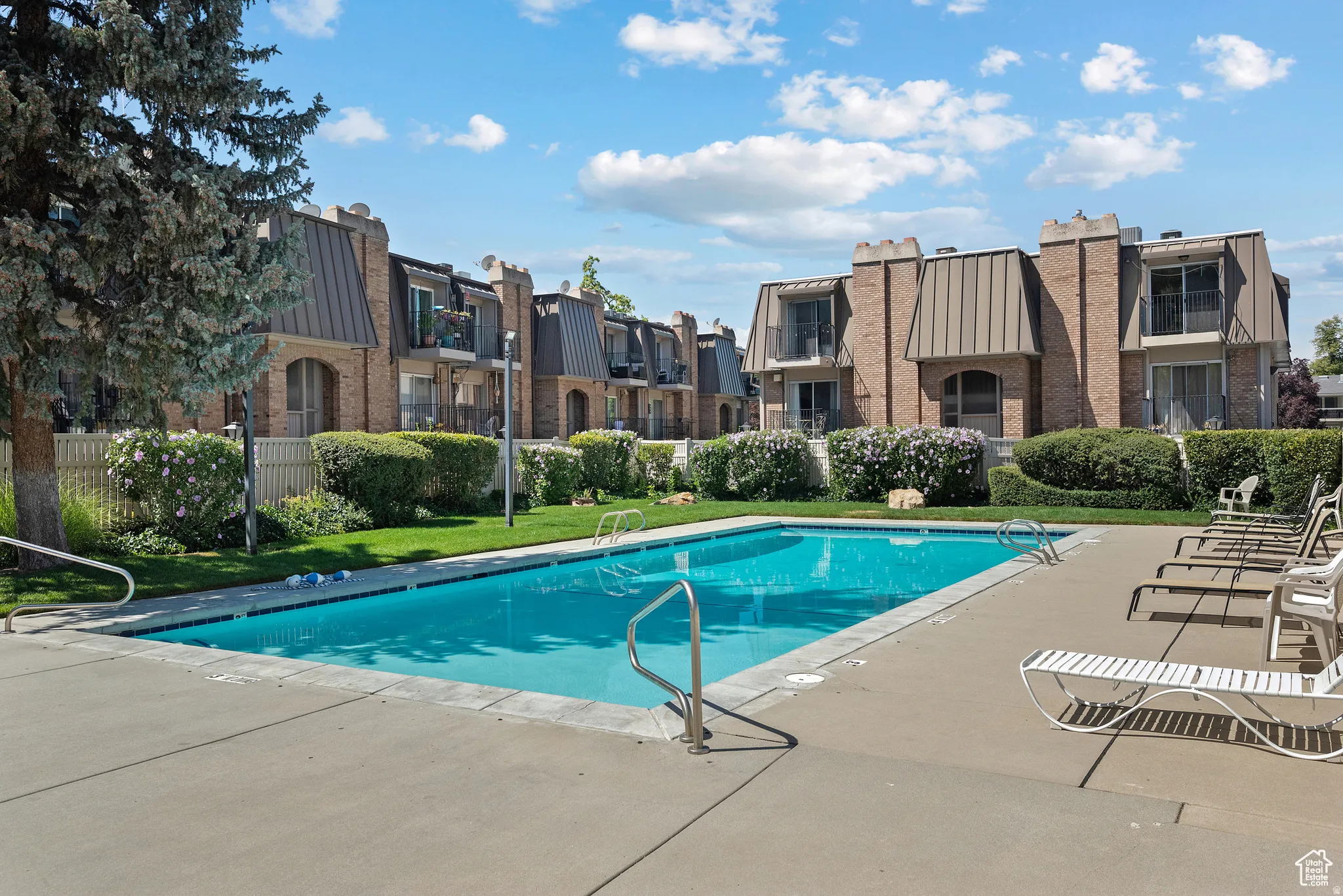 Resort-style swimming pool with concrete decking surrounded by lush landscaping
