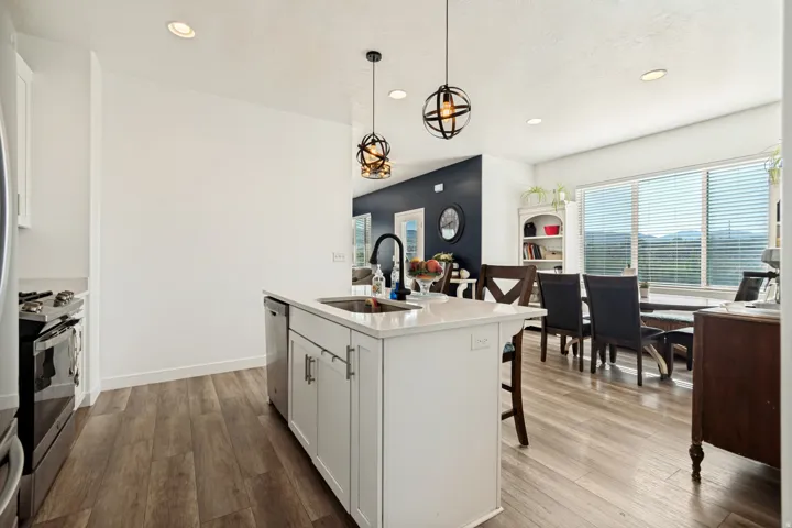 Kitchen island with an undermount sink, a gooseneck faucet, and integrated dishwasher