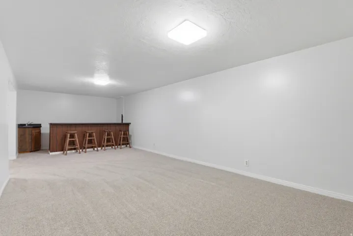 Spacious room featuring light-toned carpeting and a built-in wet bar with a dark wood-finish countertop