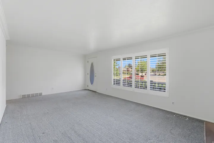 Bright room with neutral wall tones and a textured gray carpet