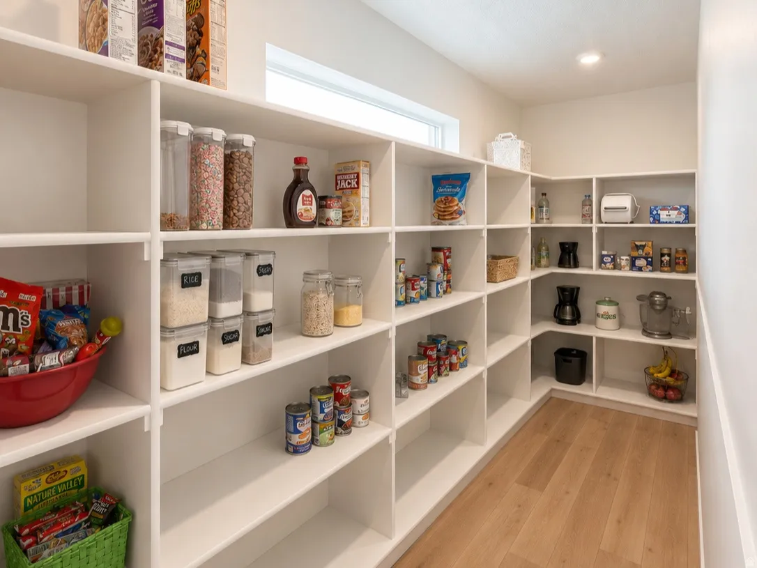 Spacious walk-in pantry featuring extensive white shelving, wood-finish flooring, recessed lighting, and a high window