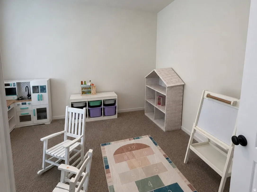 Main floor office with carpet and a flush-mount ceiling light