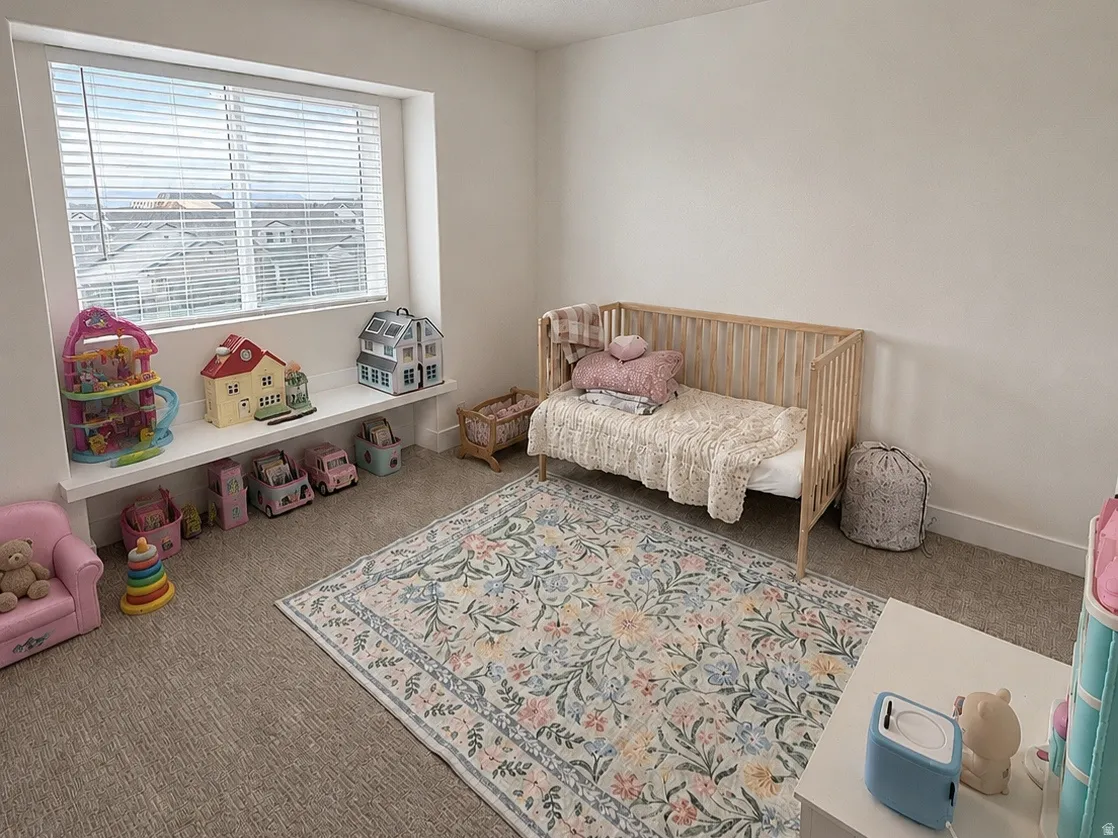 Carpeted room featuring a wide window with blinds, a built-in window ledge, and a ceiling-mounted light fixture