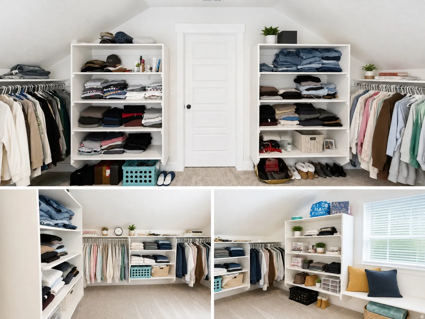 Primary bedroom walk-in closet featuring sloped ceilings, plush carpet flooring, a built-in window bench, and integrated shelving units