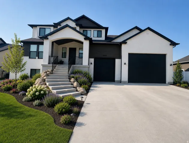 *Unfinished yard. Landscaping generated with AI for visual purposes only.*  Contemporary three-story residence with a white brick, wood siding and black trim.