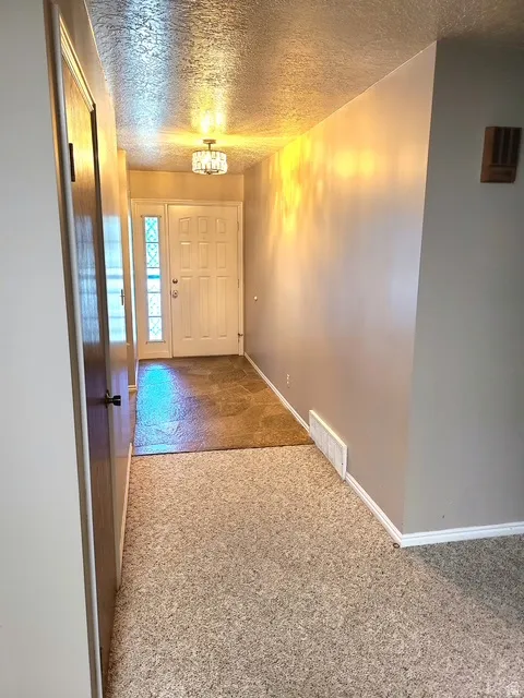 Entryway featuring a paneled door with decorative sidelights, a textured ceiling, and a flush-mount chandelier