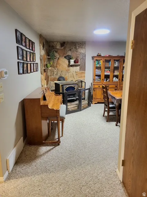 Living area featuring a stone accent wall with integrated shelving, ceiling-mounted light fixture, and plush carpeting