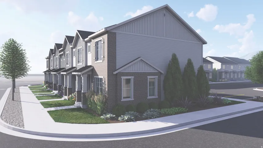 Modern townhome complex featuring brick and siding exteriors, gabled roofs, front porches, street-facing windows, and established landscaping