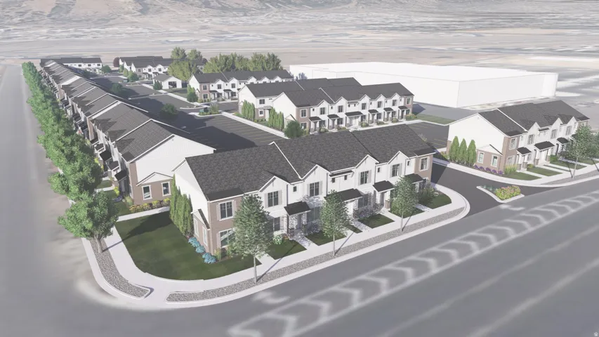 Contemporary townhome development featuring multiple units with dark shingle roofs